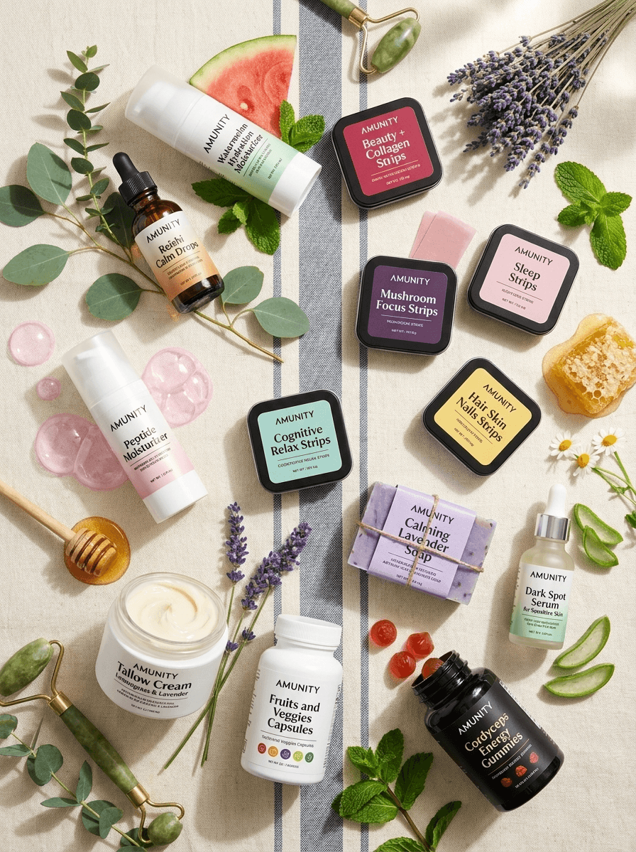 The AmunitY collection — skincare, supplements, gummies, and strips arranged with botanicals